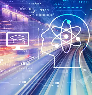 stilisierter Kopf und Bildungssymbol auf einem Monitor