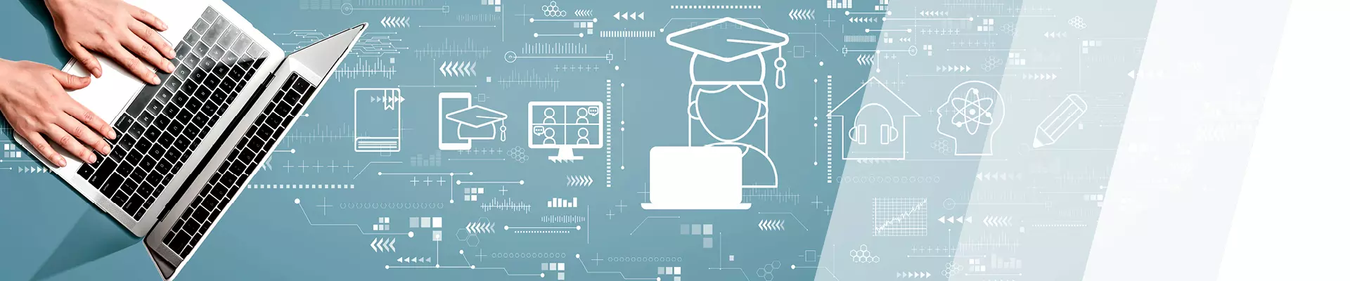 stilisierte Grafik mit Computern zum Thema Bildung, darüber Hände auf einem Laptop