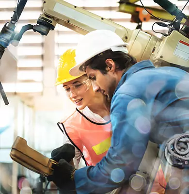 Ingenieurin und Ingenieur programmieren einen Industrieroboter 